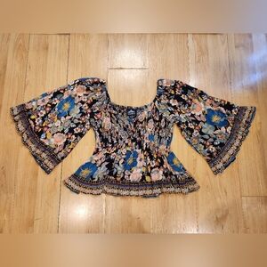 Angie Smocked Floral Boho Top | 100% Rayon | Flutter Sleeves | Size M